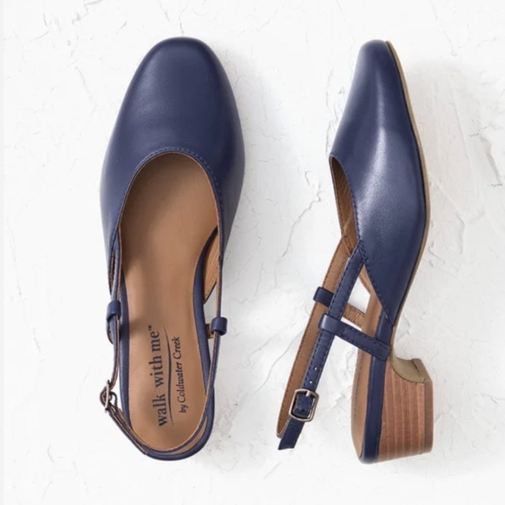 Coldwater Creek WalkWMe Josie 2 Navy Leather Slingback Heels Women's Size 9 $80